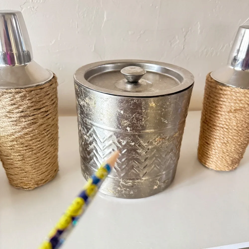 Sigrid Olsen Home Outdoor Jute Wrapped Cocktail Shaker, Ice‎ Bucket 3pc OLDSTOCK